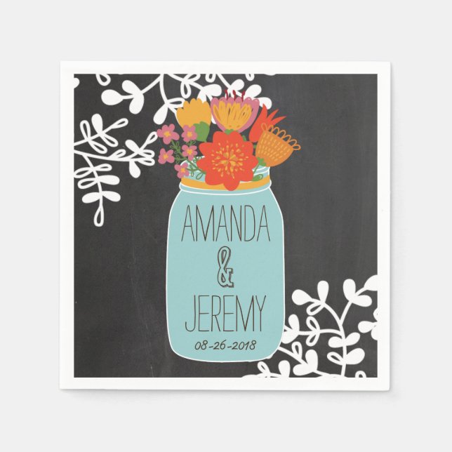Hand Drawn Mason Jar & Flowers on Chalkboard Paper Napkins (Front)