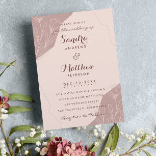 Hand drawn mauve pink cream elegant floral wedding invitation