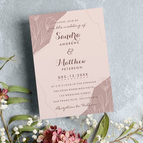 Hand drawn mauve pink cream elegant floral wedding invitation