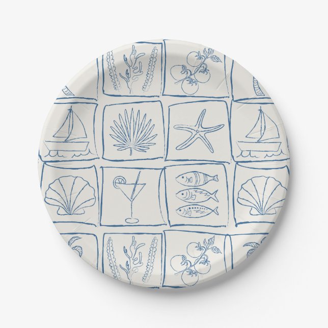 Hand-Drawn Mediterranean Coastal Tile Linen Cobalt Paper Plates (Front)