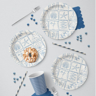 Hand-Drawn Mediterranean Coastal Tile Linen Cobalt Paper Plates