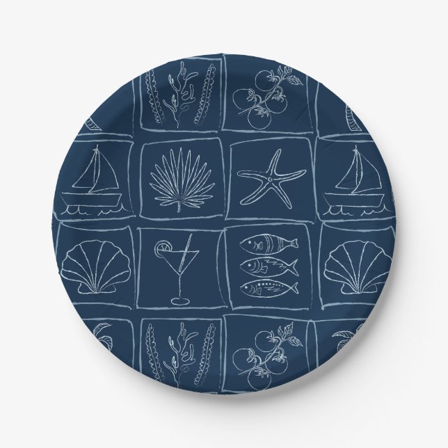 Hand-Drawn Mediterranean Coastal Tile Navy Paper Plates (Front)