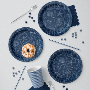 Hand-Drawn Mediterranean Coastal Tile Navy Paper Plates