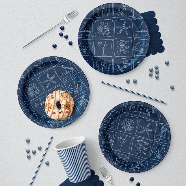 Hand-Drawn Mediterranean Coastal Tile Navy Paper Plates (Creator Uploaded)