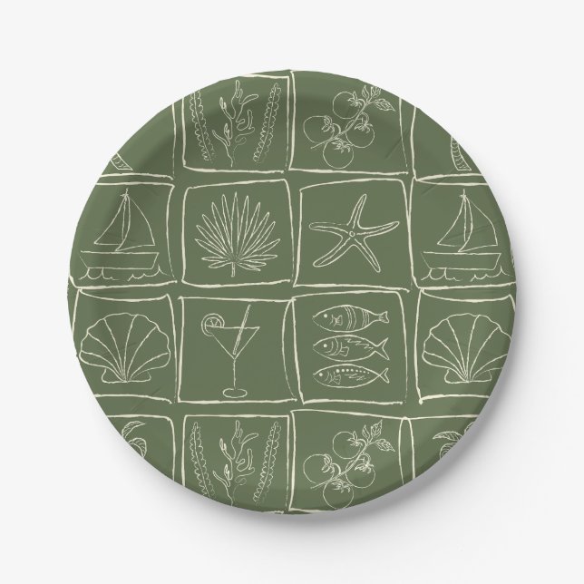 Hand-Drawn Mediterranean Coastal Tile Olive Grove Paper Plates (Front)