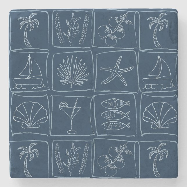Hand-Drawn Mediterranean Faux Tile Nautical Navy Stone Coaster (Front)