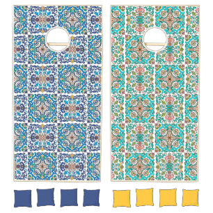 Hand Drawn Mediterranean Tiles Beachy Cornhole Set
