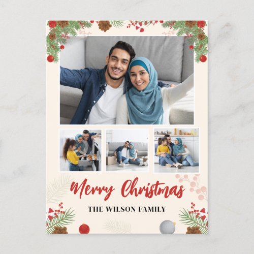 Hand Drawn Merry Christmas Four Photo Collage Announcement Postcard