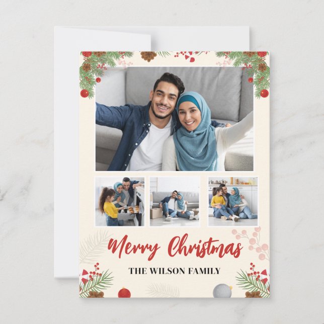 Hand Drawn Merry Christmas Four Photo Collage Note Card (Front)