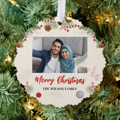 Hand Drawn Merry Christmas One Photo Ornament Card