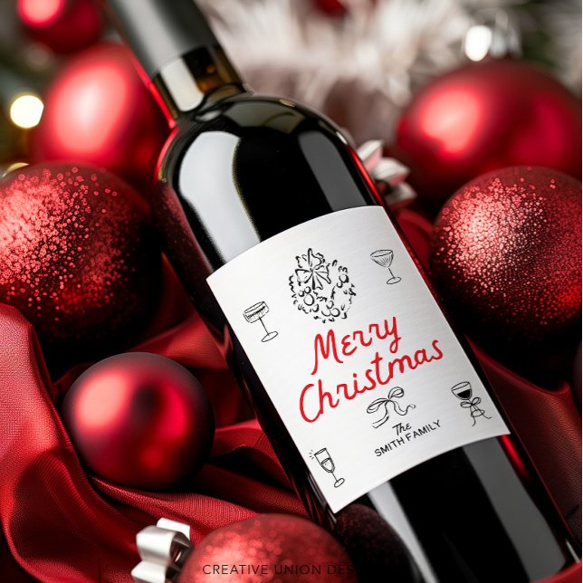 Hand Drawn Merry Christmas Personalized Gift Wine Label (Creator Uploaded)