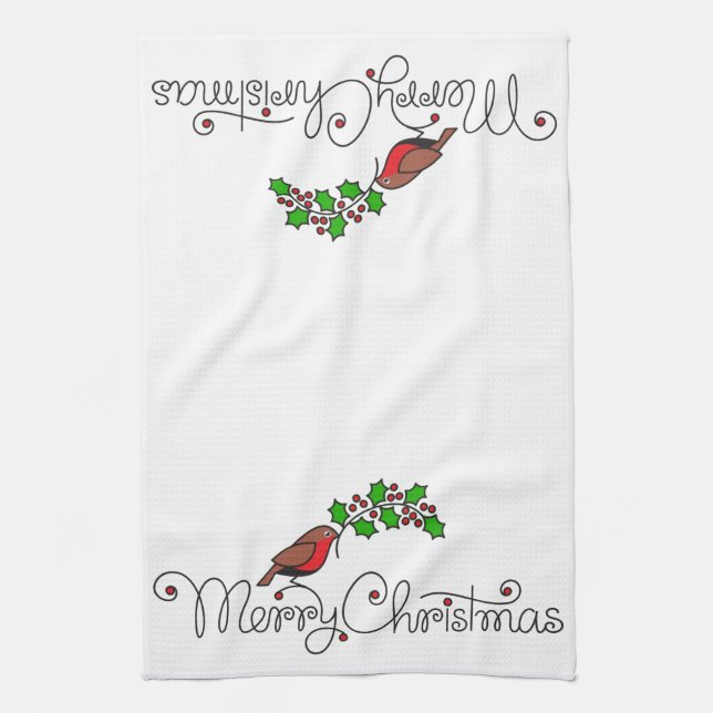 Hand-drawn Merry Christmas Robin with Holly Kitchen Towel (Vertical)