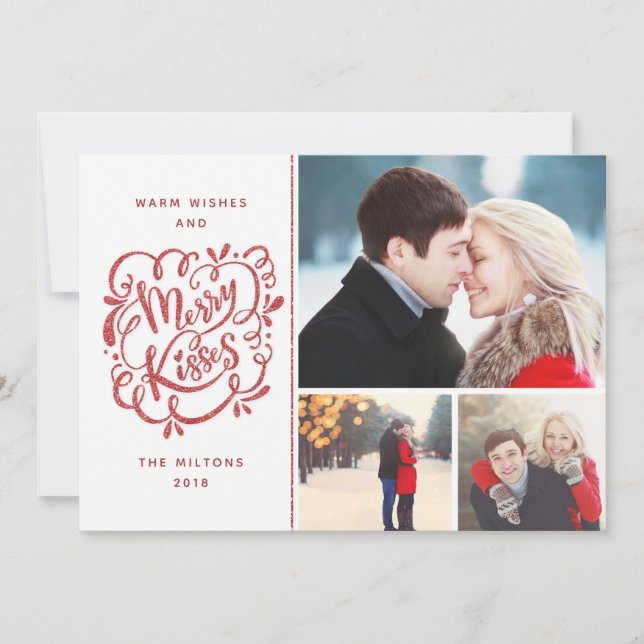Hand Drawn Merry Kisses Red Glitter Holiday 3Photo (Front)