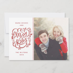 Hand Drawn Merry Kisses Red Glitter Holiday Photo