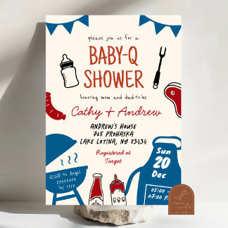 Hand Drawn Minimalist BaByQ Boy Baby Shower Invitation