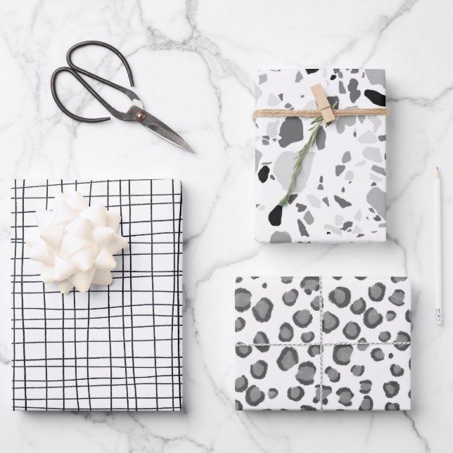 Hand Drawn Minimalist Black & White Variety Pack Wrapping Paper Sheets (Front)