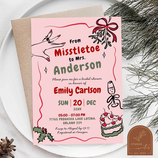 Hand Drawn Misstletoe to Mrs Bow Bridal Shower Invitation (Creator Uploaded)