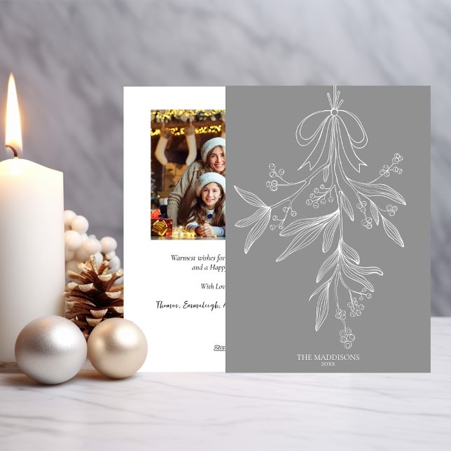 Hand Drawn Mistletoe & Bow Christmas Dusty Gray Holiday Card (Creator Uploaded)
