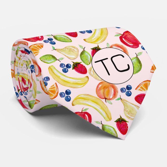 Hand Drawn Mixed Fruit Pattern Initials Novelty   Neck Tie (Rolled)