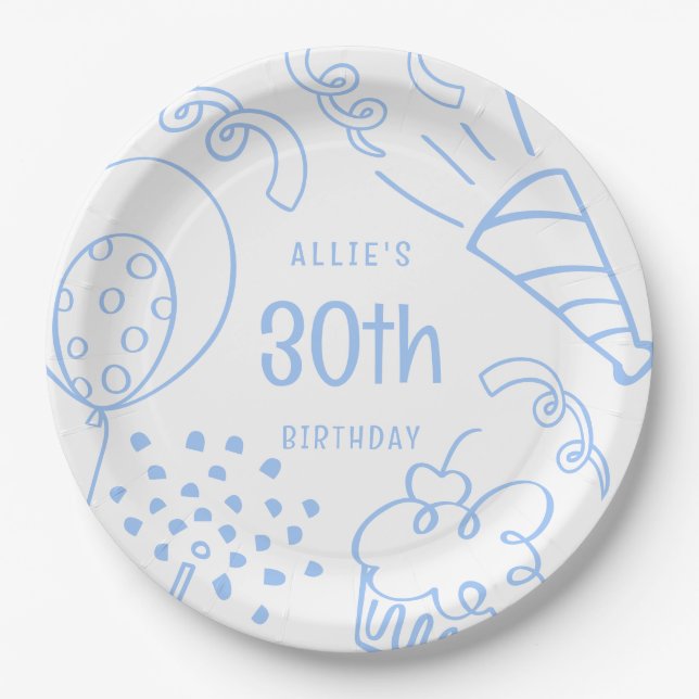 Hand Drawn Modern Birthday Any Age Cute Blue Paper Plates (Front)
