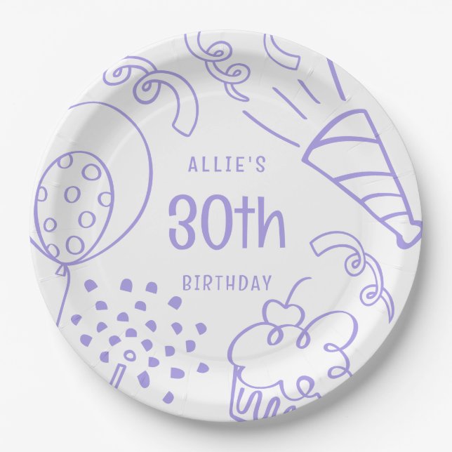 Hand Drawn Modern Birthday Any Age Cute Periwinkle Paper Plates (Front)