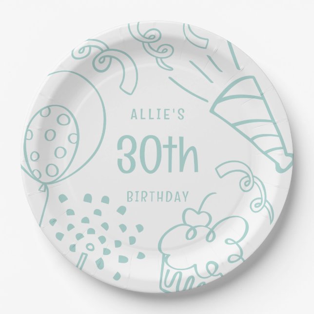 Hand Drawn Modern Birthday Any Age Pastel Green Paper Plates (Front)