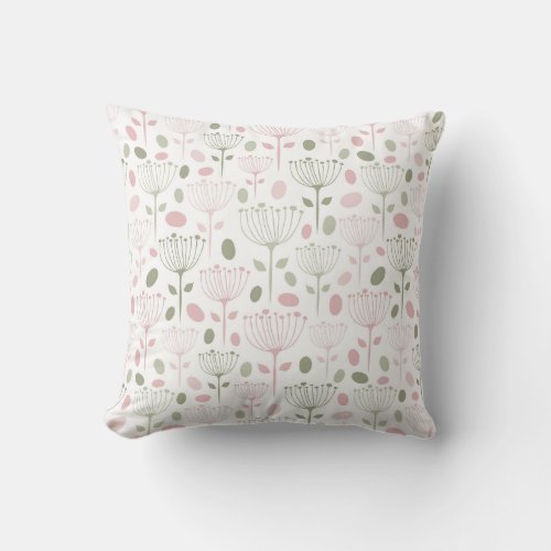 Hand Drawn Modern Blush Pink and Green Flowers Throw Pillow