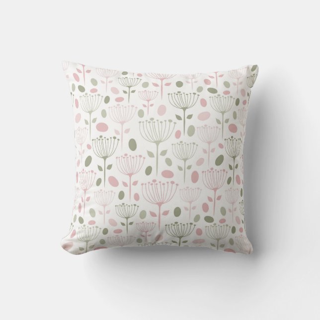 Hand Drawn Modern Blush Pink and Green Flowers Throw Pillow (Front)