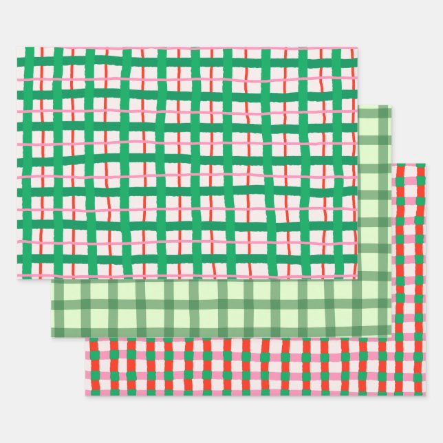 Hand Drawn Modern Christmas Plaids Wrapping Paper Sheets (Set)