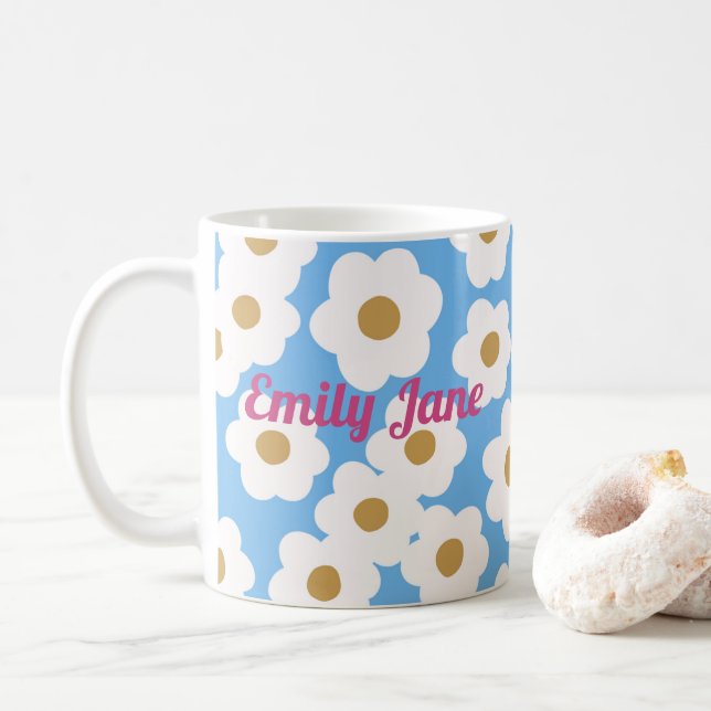 Hand Drawn Modern Daisies Blue White Coffee Mug (With Donut)