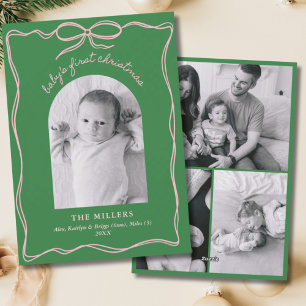 Hand Drawn Modern Whimsical Pink & Green Bow Baby Holiday Card