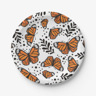 Hand-Drawn Monarch Butterfly Seamless Pattern Paper Plates