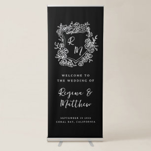 Hand Drawn Monogram Crest Black Wedding Welcome Retractable Banner