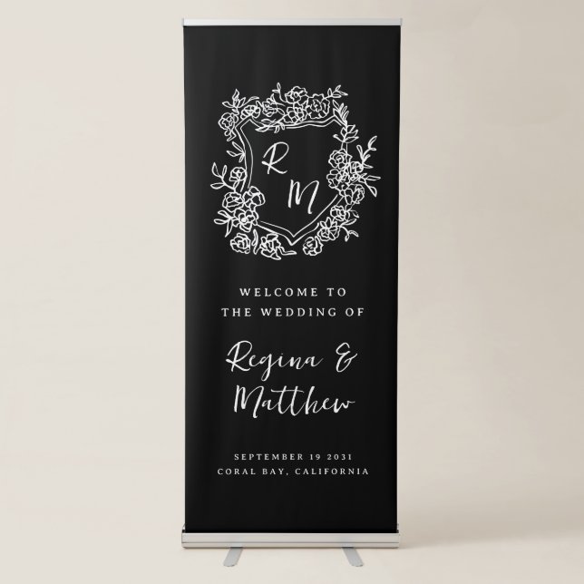Hand Drawn Monogram Crest Black Wedding Welcome Retractable Banner (Front)
