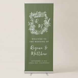 Hand Drawn Monogram Crest Green Wedding Welcome Retractable Banner