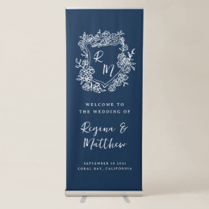 Hand Drawn Monogram Crest Navy Blue Welcome Retractable Banner
