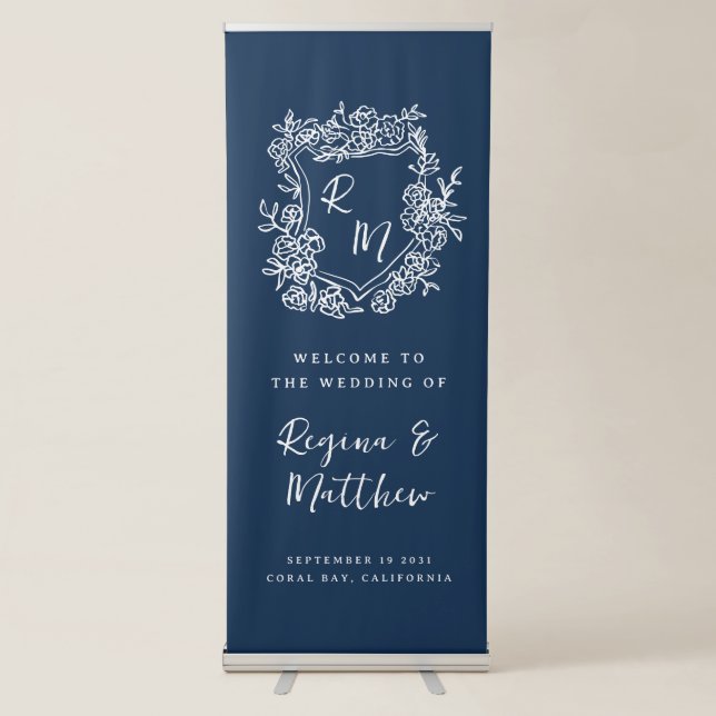 Hand Drawn Monogram Crest Navy Blue Welcome Retractable Banner (Front)