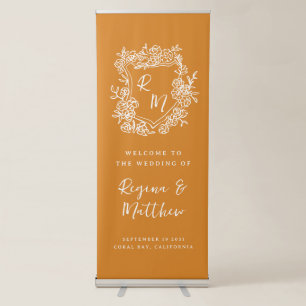Hand Drawn Monogram Crest Orange Wedding Welcome Retractable Banner