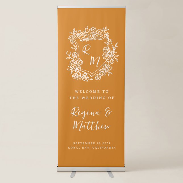 Hand Drawn Monogram Crest Orange Wedding Welcome Retractable Banner (Front)