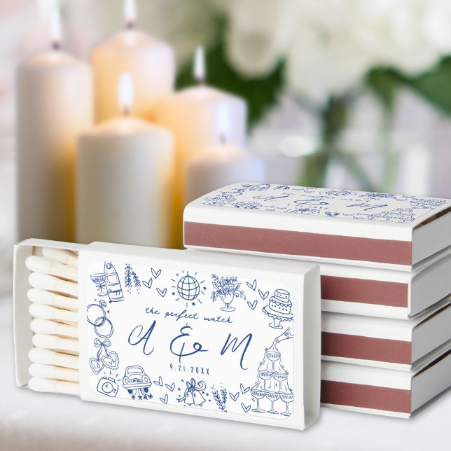 Hand Drawn Monogram Whimsical Blue Wedding Matchboxes (Hand Drawn Perfect Match Whimsical Blue Wedding )