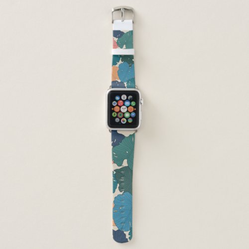 Hand drawn monstera leaves of orange  pink  blue apple watch band