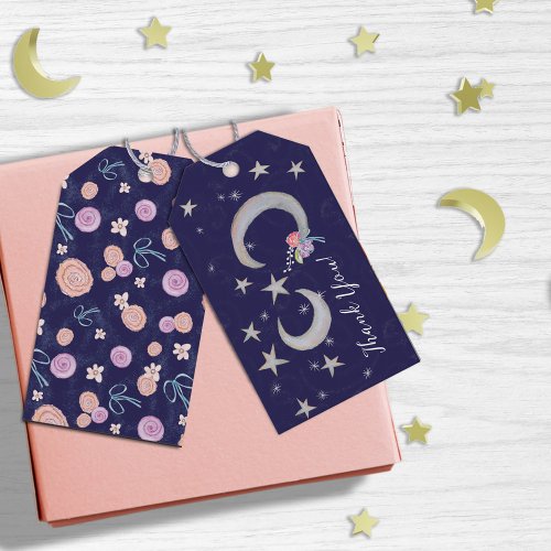 Hand Drawn Moon Star Flowers Thank You Baby Shower Gift Tags