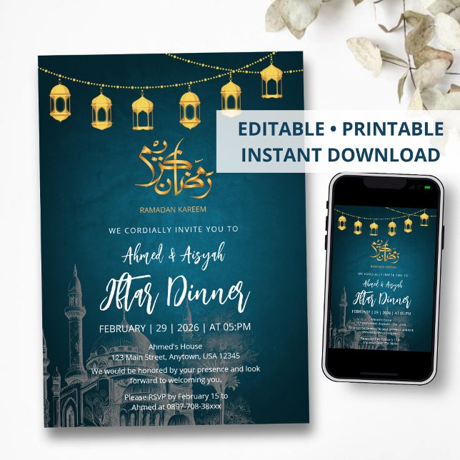 Hand-Drawn Mosque Sketch & Gold Lantern Iftar Invitation (Creator Uploaded)