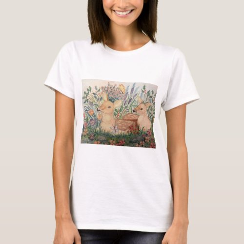 Hand Drawn mother deer and Fawn T_Shirt