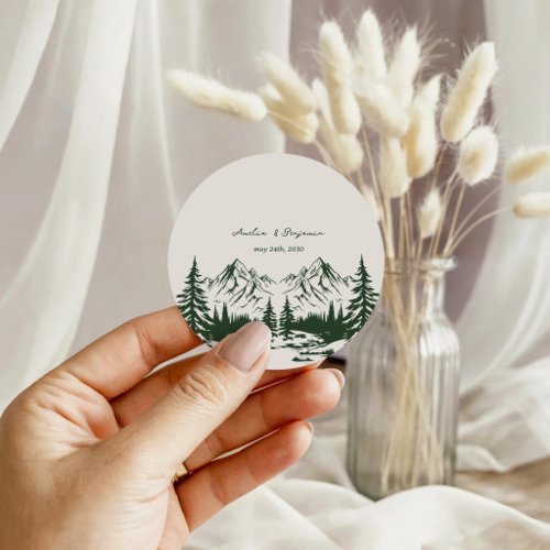 Hand Drawn Mountain Summer Wedding Classic Round Sticker