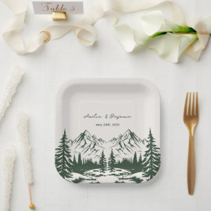 Hand Drawn Mountain Summer Wedding Paper Plates