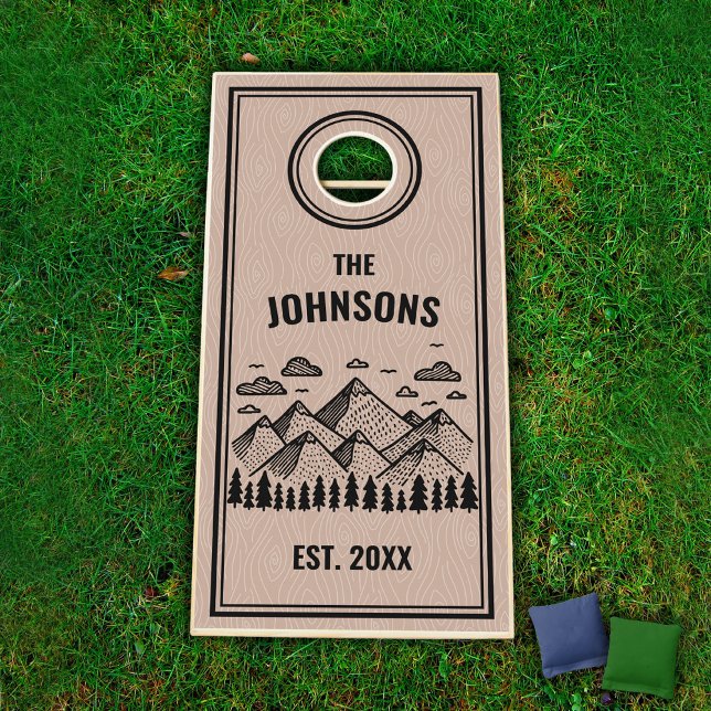 Hand Drawn Mountains Cornhole Set (Black Hand Drawn Style Mountains with Custom Family Name and Established Date)