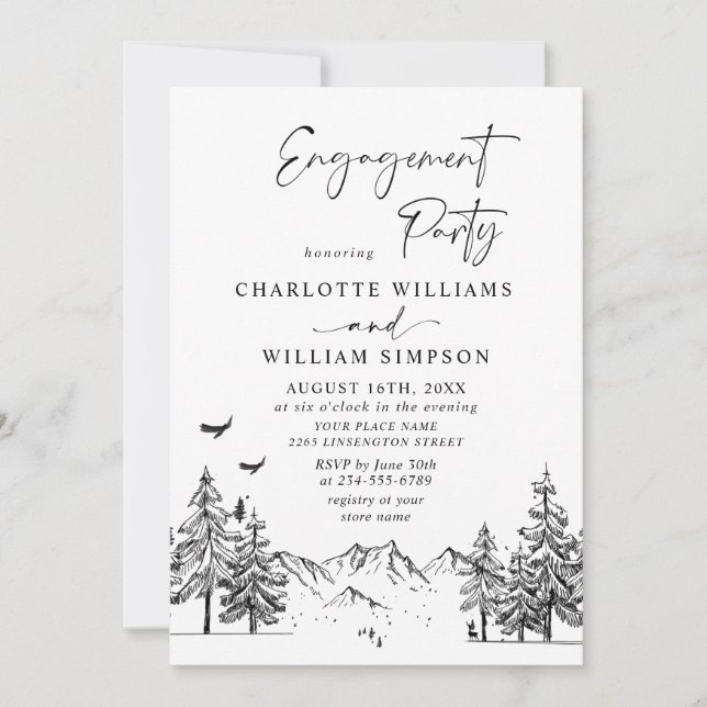 Hand Drawn Mountains Forest Engagement Party Invitation (Front)