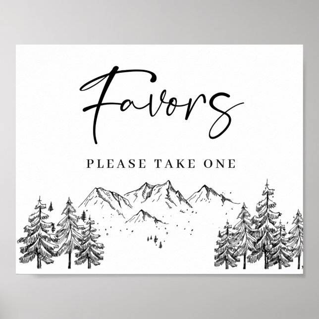 Hand Drawn Mountains Forest Favors Wedding Sign (Front)