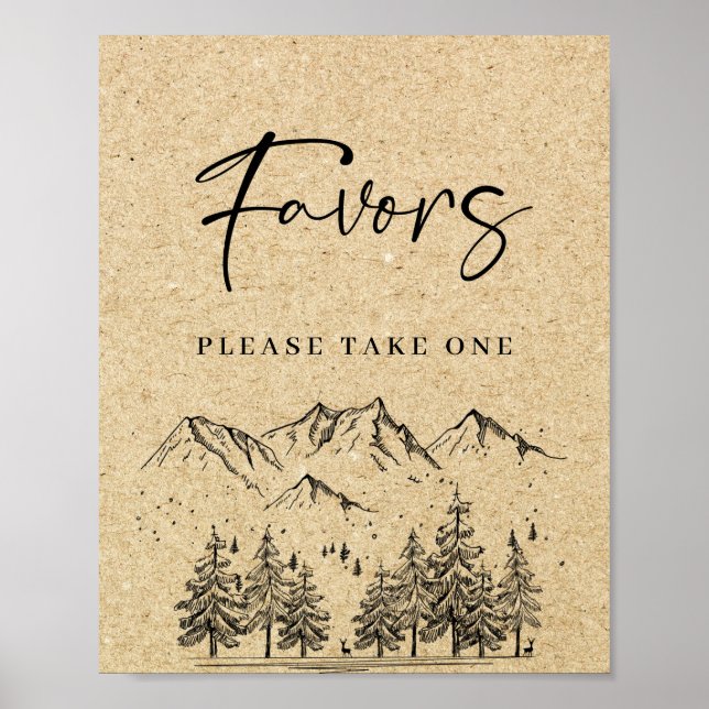 Hand Drawn Mountains Forest Favors Wedding Sign (Front)